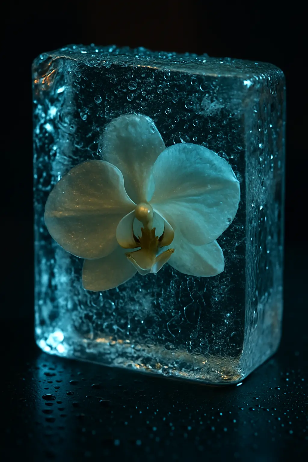Detaljbilde av luksuriøs borddekorasjon med orkide frosset i isblokk