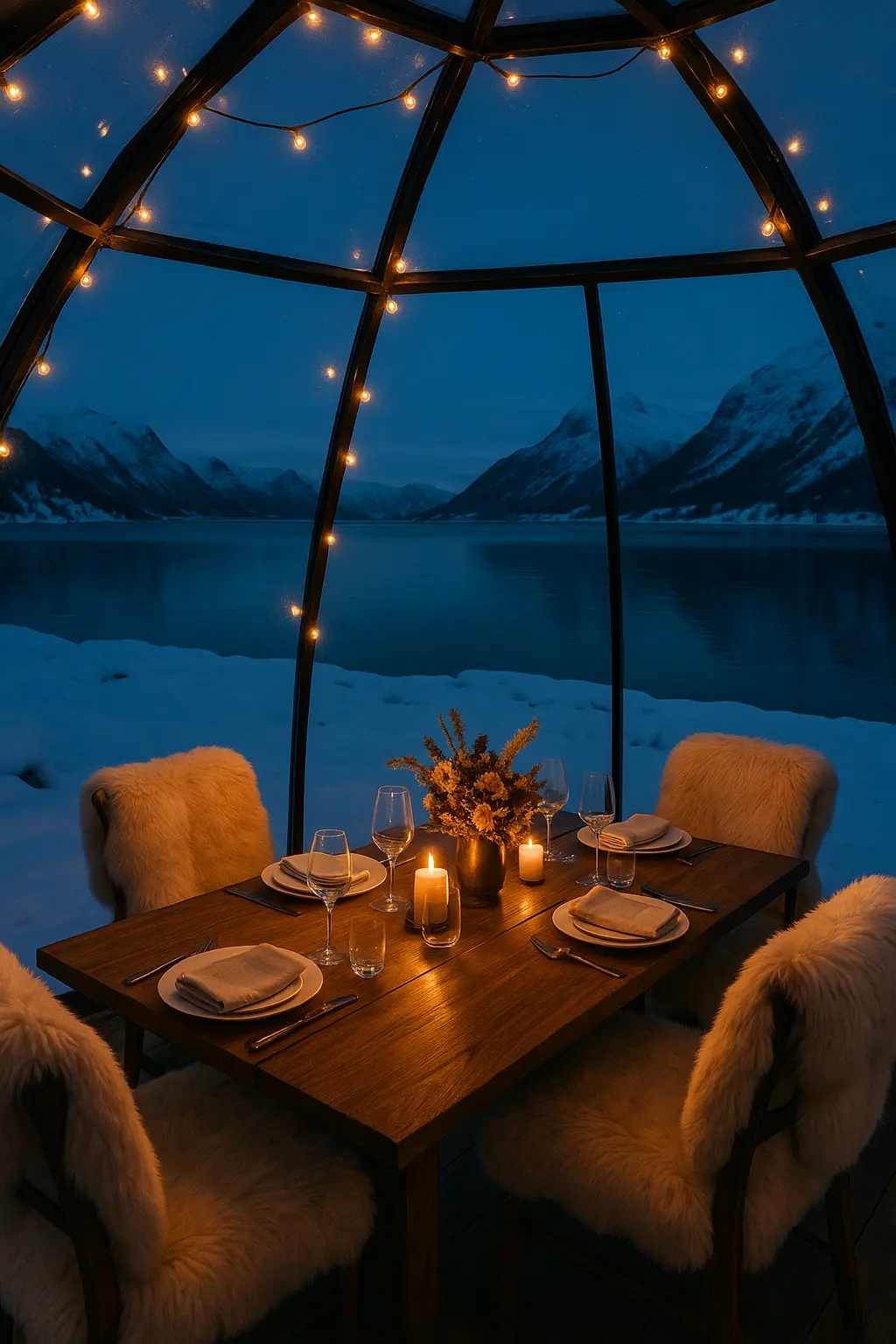 Privat middag i en glass-iglo med utsikt over en snødekt norsk fjord
