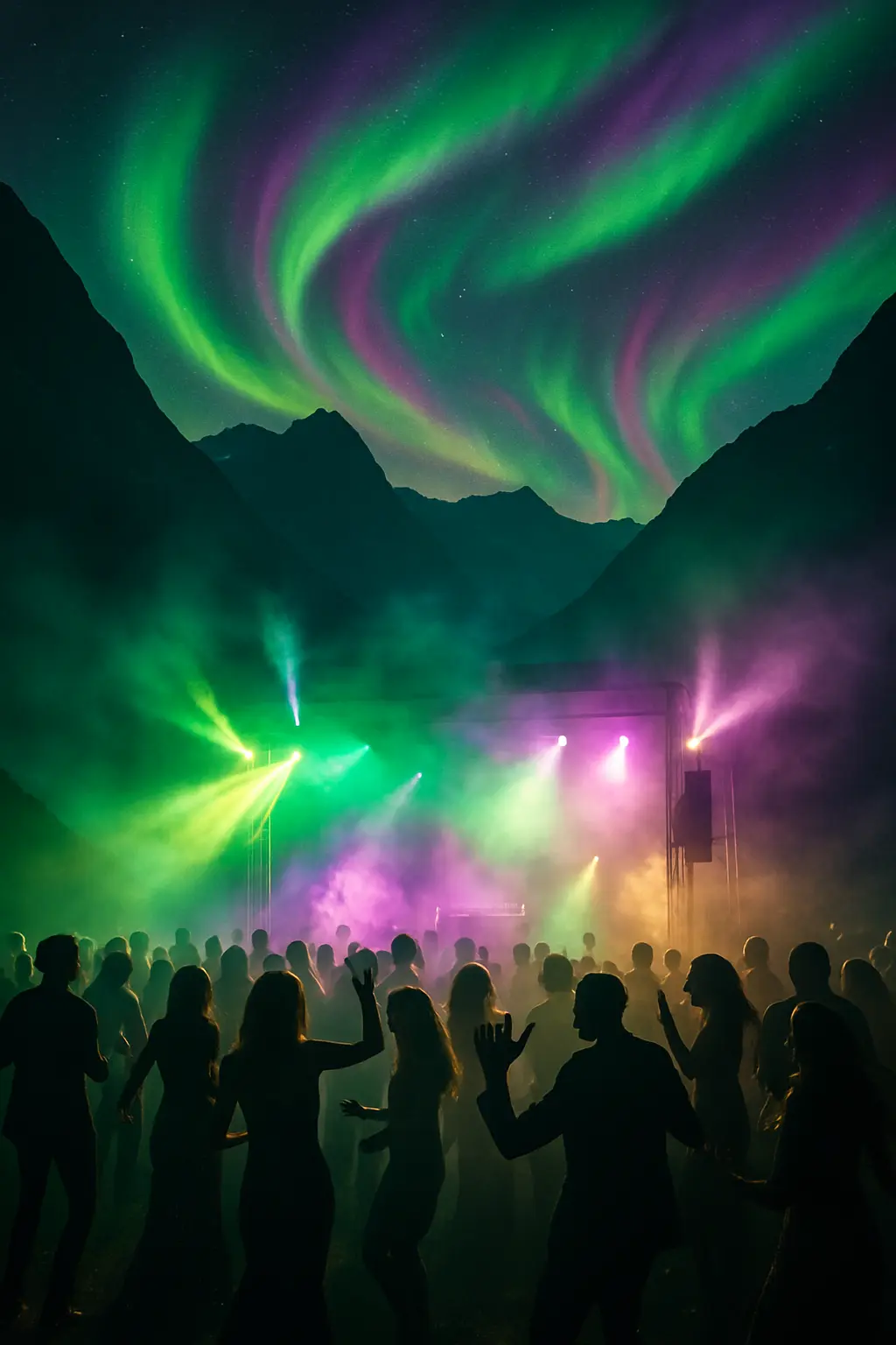 Utendørs fest i fjellet under nordlyset med silhuetter av dansende gjester